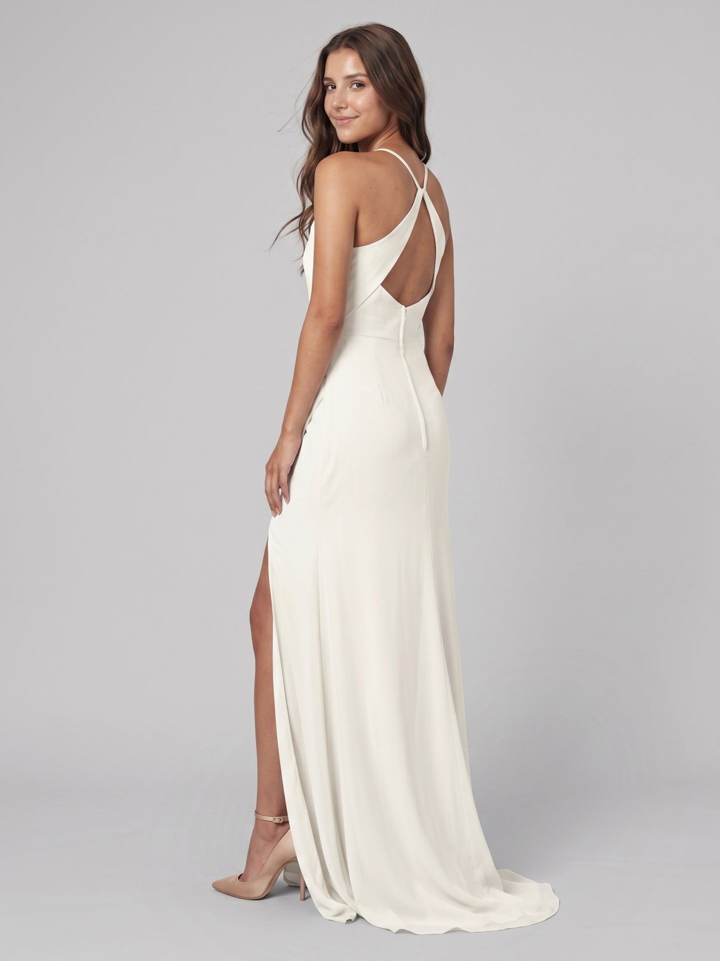 Ivory Chiffon Sheath Square Neck Keyhole Back Floor-Length Pleated Bridesmaid Dress