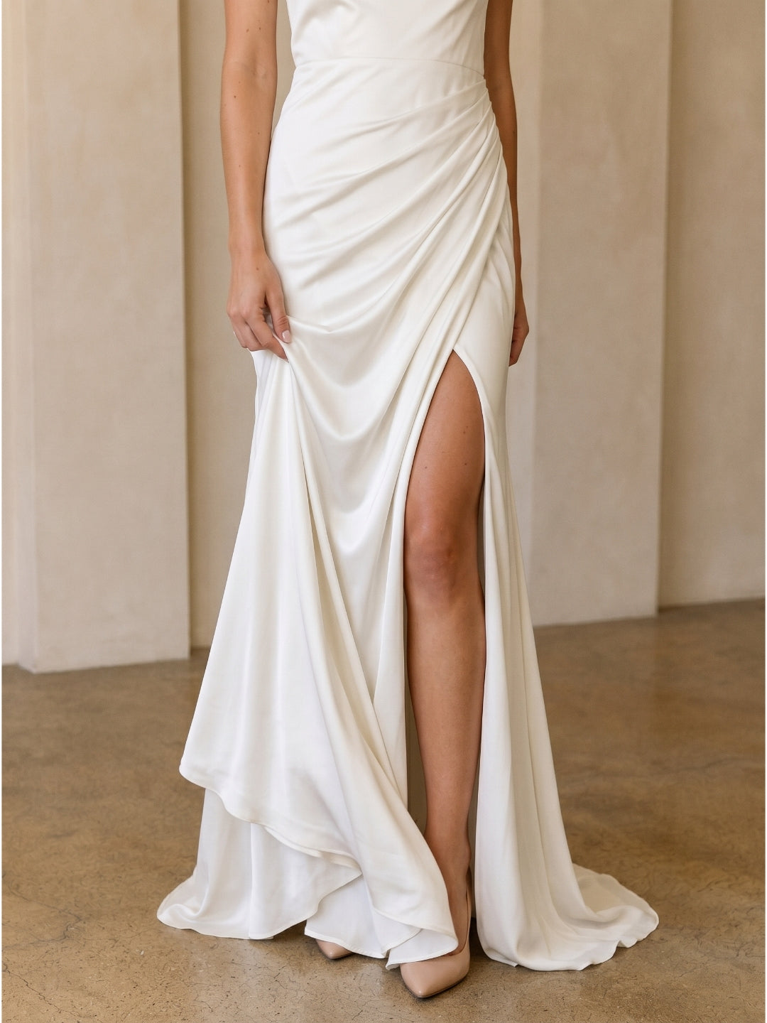 Ivory Chiffon Sheath Square Neck Keyhole Back Floor-Length Pleated Bridesmaid Dress