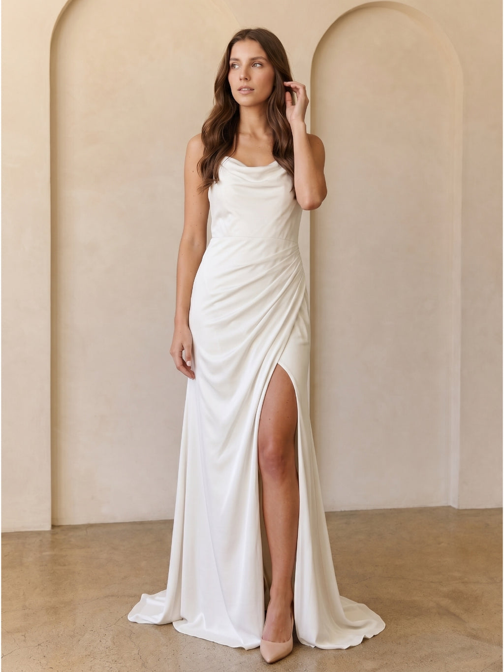 Ivory Chiffon Sheath Square Neck Keyhole Back Floor-Length Pleated Bridesmaid Dress