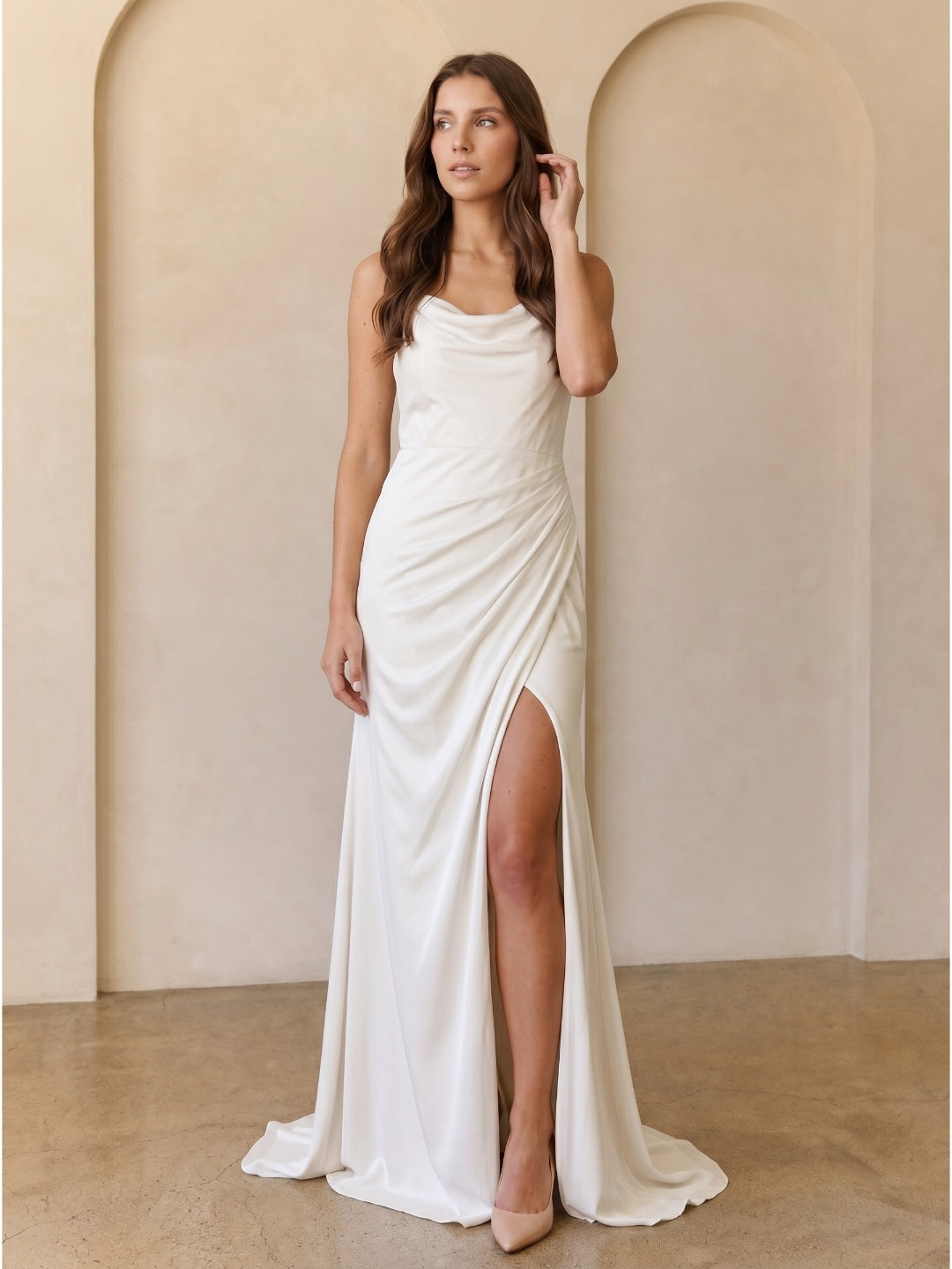 Ivory Chiffon Sheath Square Neck Keyhole Back Floor-Length Pleated Bridesmaid Dress