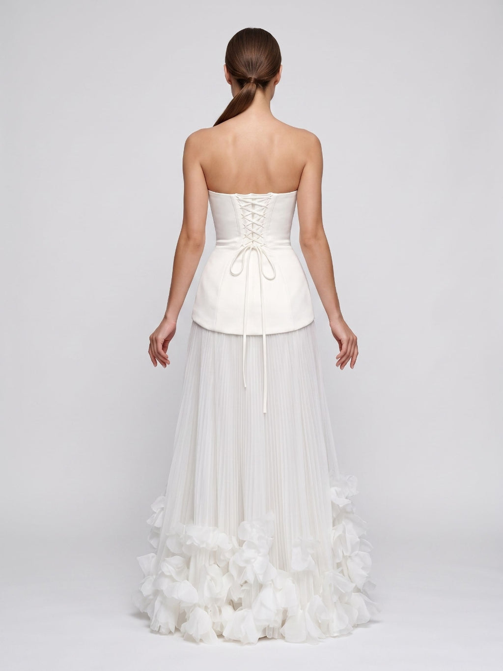 Ivory Crepe A-Line Straight Neck Lace-up Floor-Length Dress