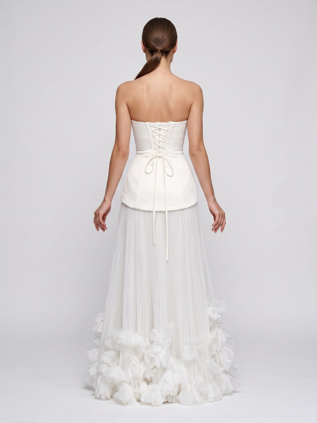 Ivory Crepe A-Line Straight Neck Lace-up Floor-Length Dress