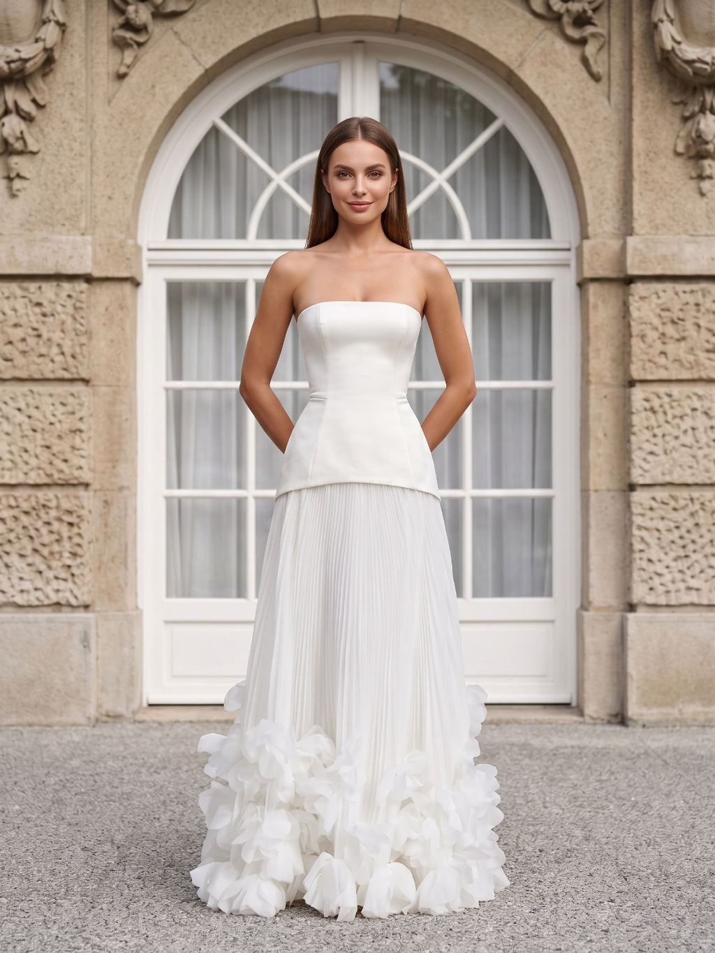 Ivory Crepe A-Line Straight Neck Lace-up Floor-Length Dress