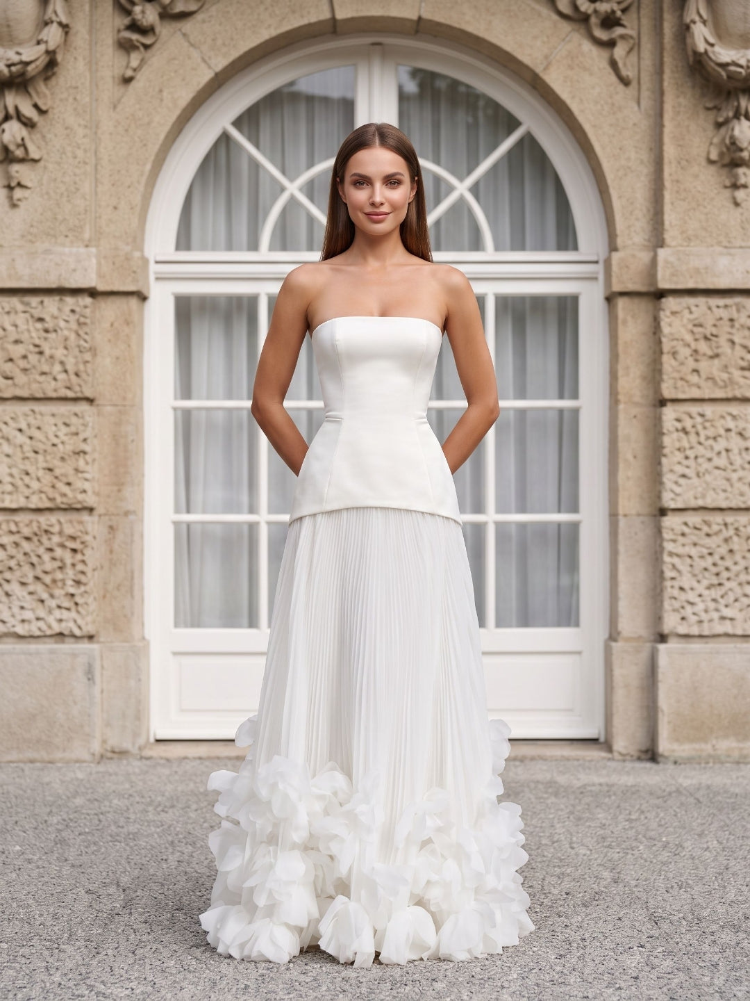 Ivory Crepe A-Line Straight Neck Lace-up Floor-Length Dress