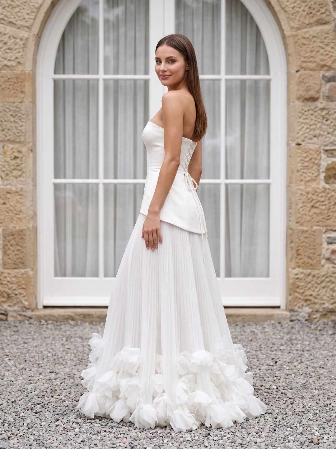 Ivory Crepe A-Line Straight Neck Lace-up Floor-Length Dress