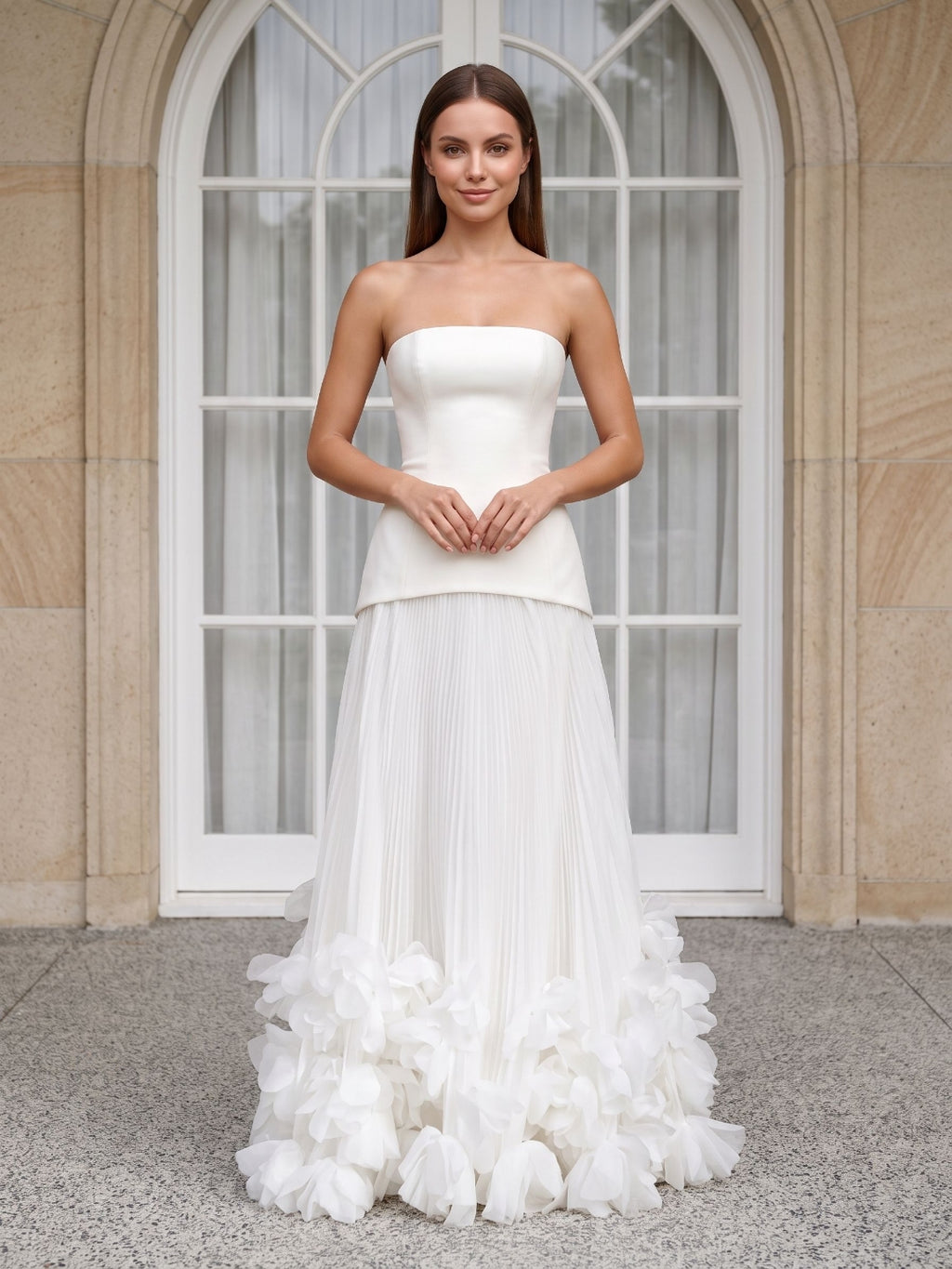 Ivory Crepe A-Line Straight Neck Lace-up Floor-Length Dress