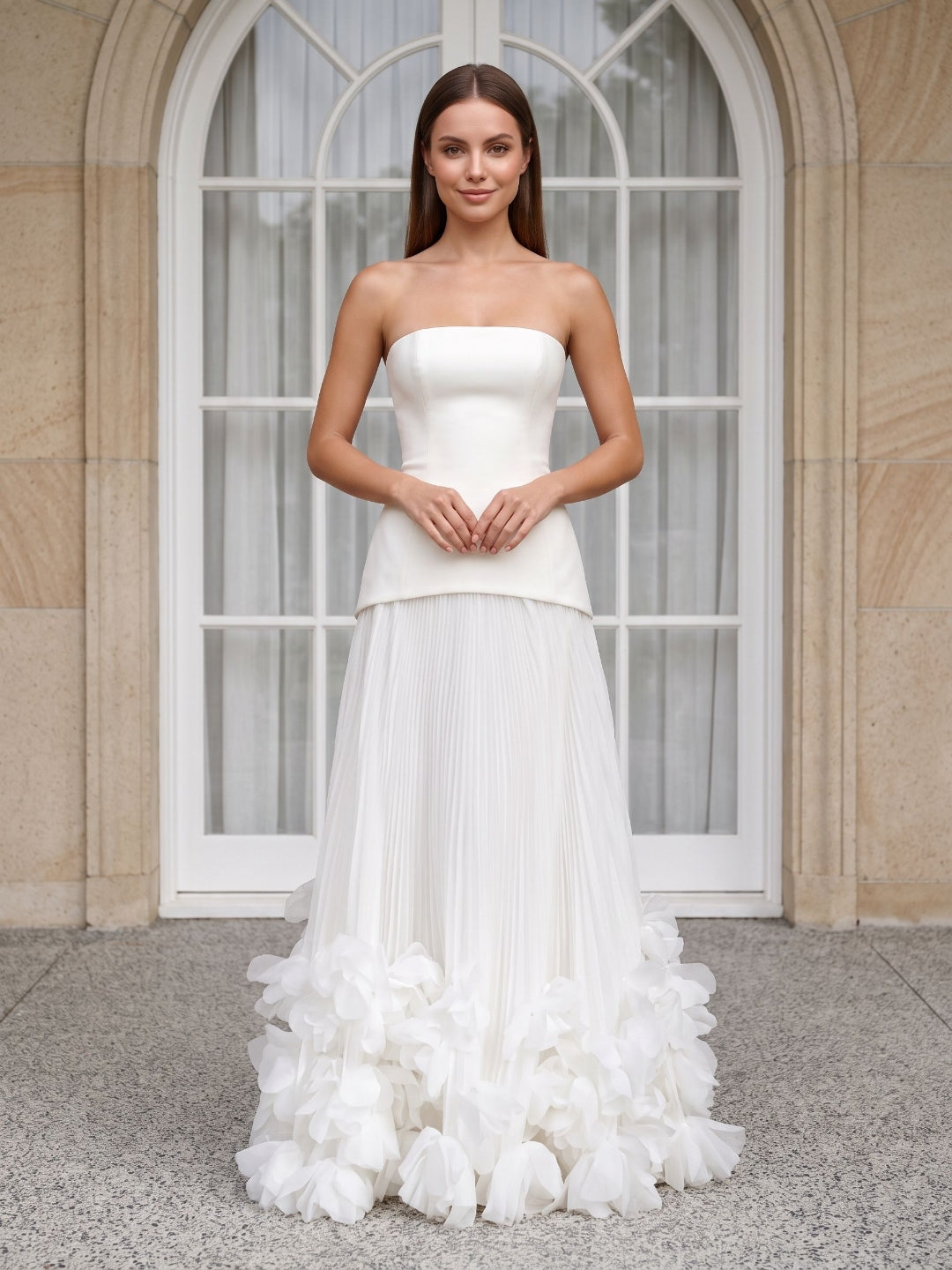 Ivory Crepe A-Line Straight Neck Lace-up Floor-Length Dress