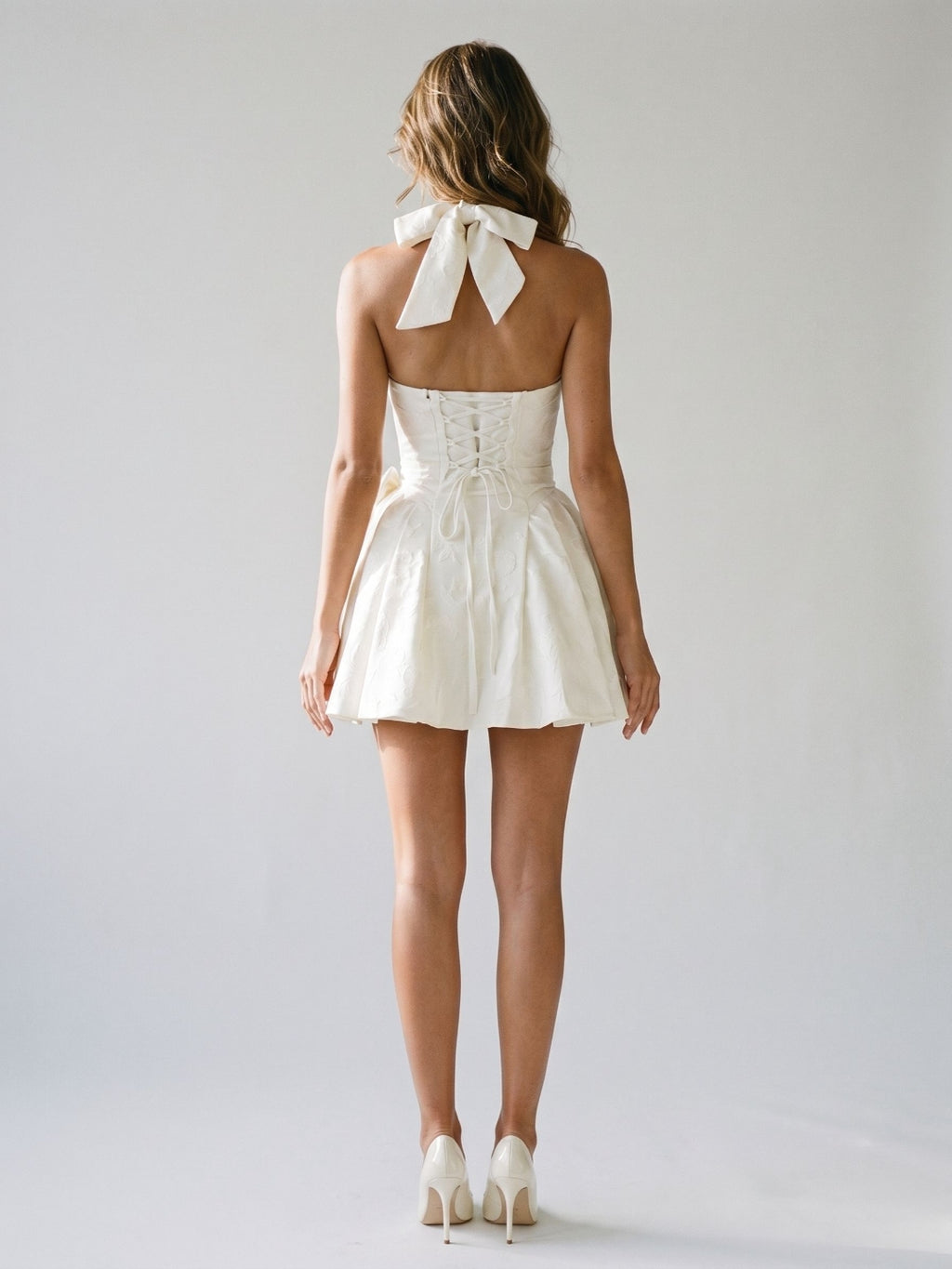 Ivory Jacquard A-Line Halter Neckline Lace-Up Back Short Dress with Bow