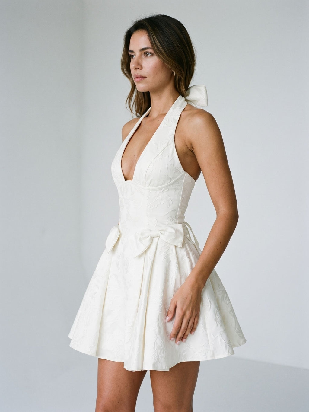Ivory Jacquard A-Line Halter Neckline Lace-Up Back Short Dress with Bow