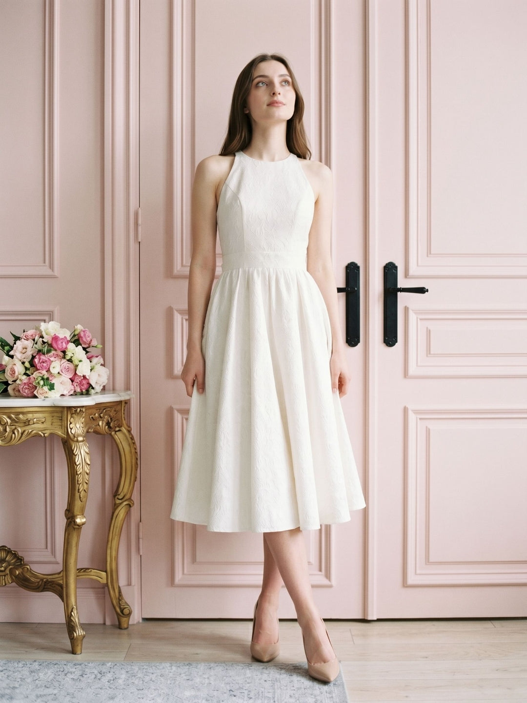 Ivory Jacquard A-Line Scoop Neck Back Zip Tea-Length Dress with Bow