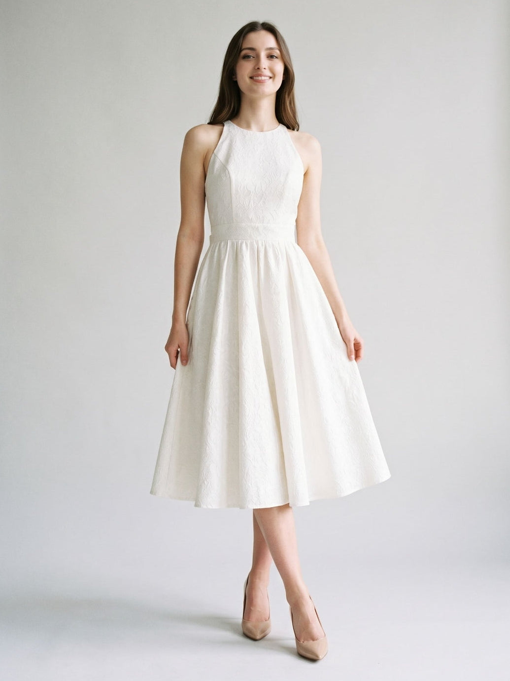 Ivory Jacquard A-Line Scoop Neck Back Zip Tea-Length Dress with Bow