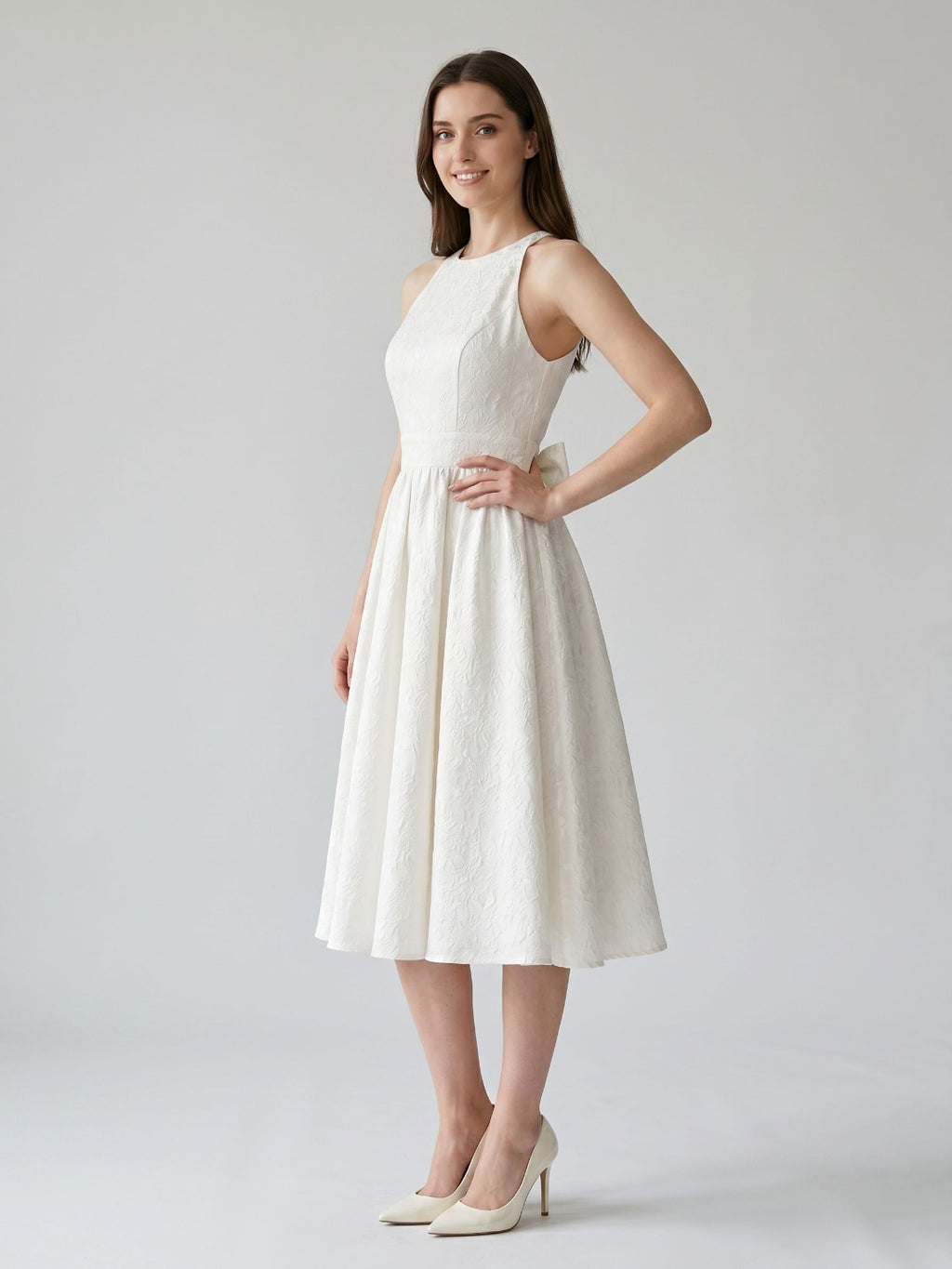 Ivory Jacquard A-Line Scoop Neck Back Zip Tea-Length Dress with Bow
