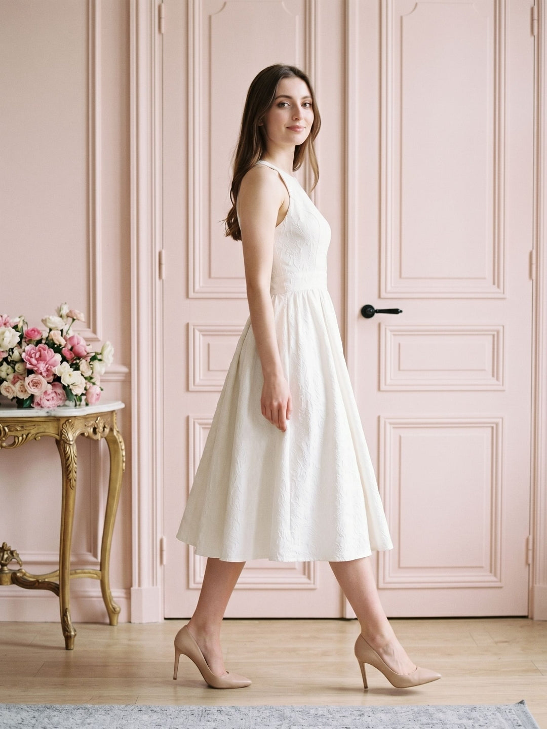 Ivory Jacquard A-Line Scoop Neck Back Zip Tea-Length Dress with Bow