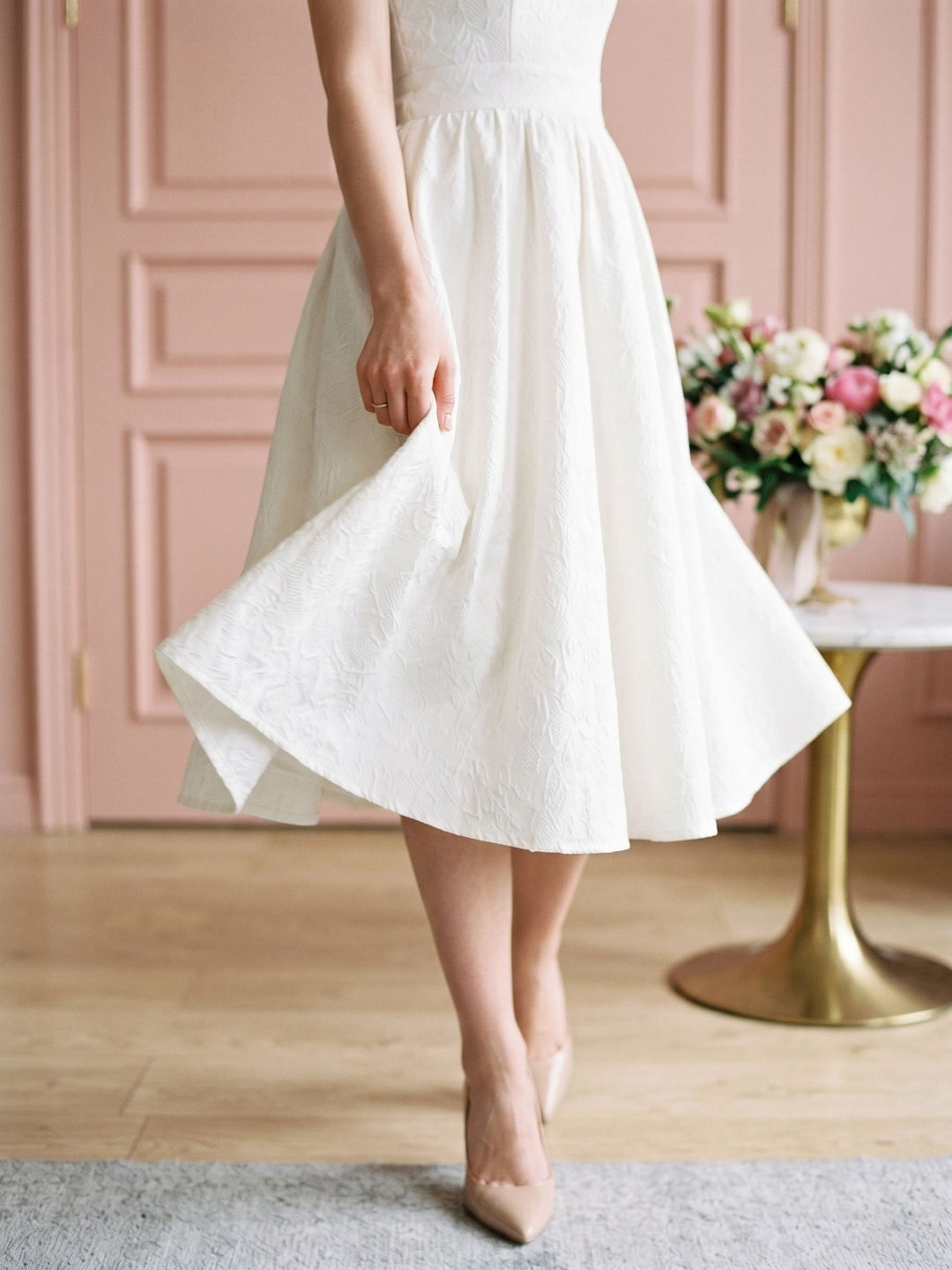 Ivory Jacquard A-Line Scoop Neck Back Zip Tea-Length Dress with Bow