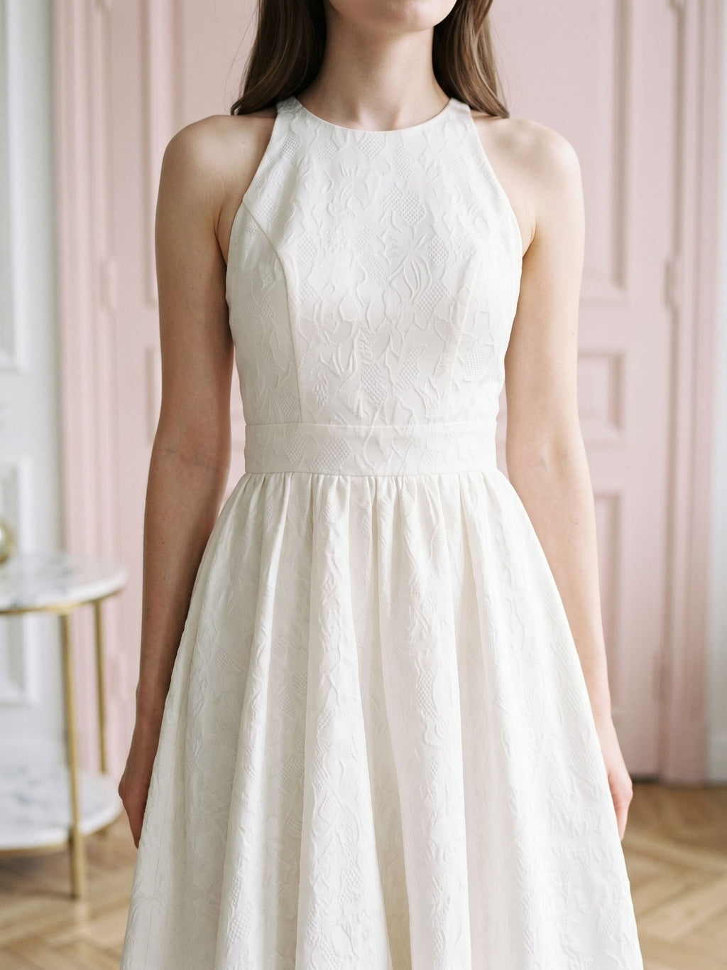 Ivory Jacquard A-Line Scoop Neck Back Zip Tea-Length Dress with Bow