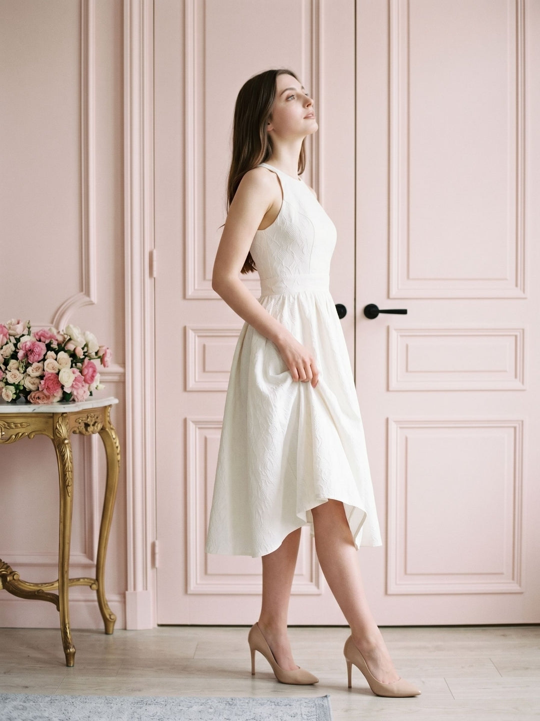 Ivory Jacquard A-Line Scoop Neck Back Zip Tea-Length Dress with Bow