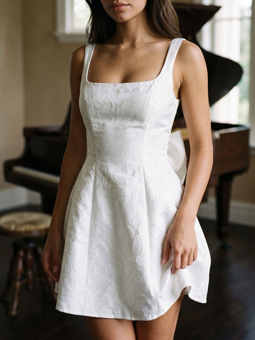 Ivory Jacquard A-Line Square Neck Lace-Up Back Short Party Dress with Bow