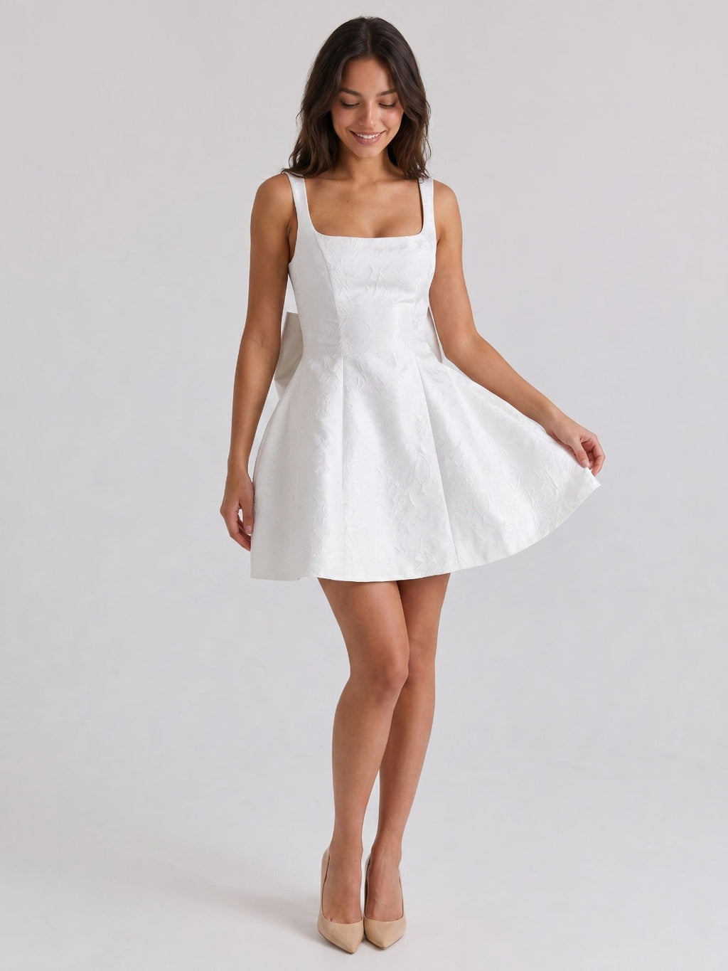 Ivory Jacquard A-Line Square Neck Lace-Up Back Short Party Dress with Bow
