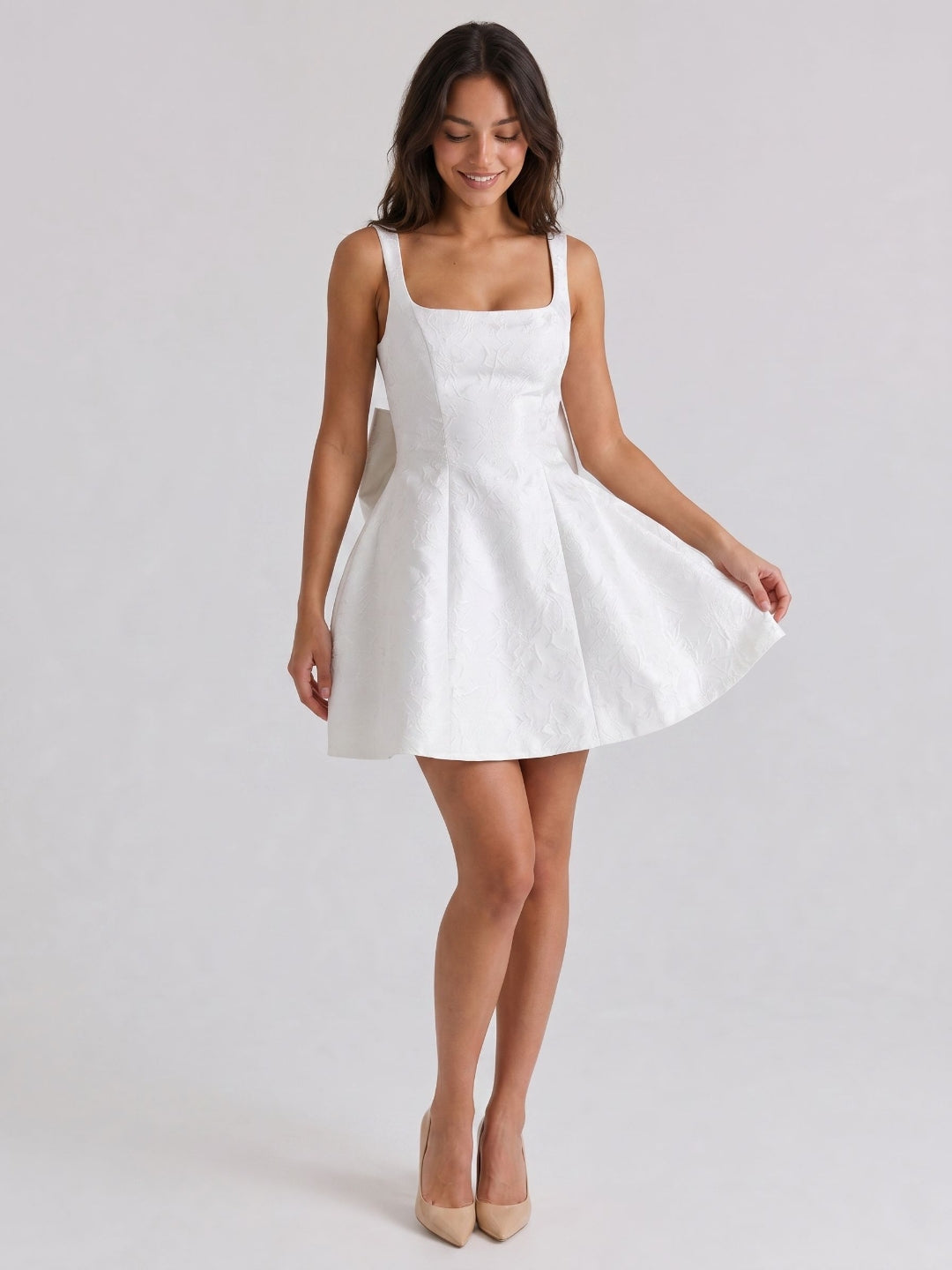 Ivory Jacquard A-Line Square Neck Lace-Up Back Short Party Dress with Bow