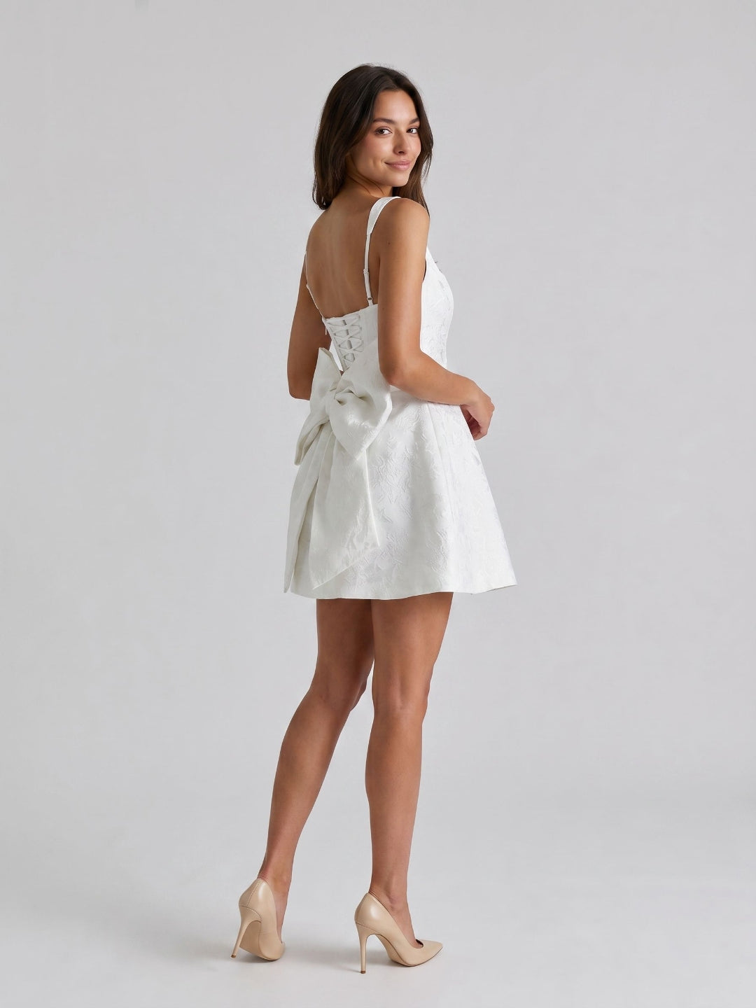 Ivory Jacquard A-Line Square Neck Lace-Up Back Short Party Dress with Bow