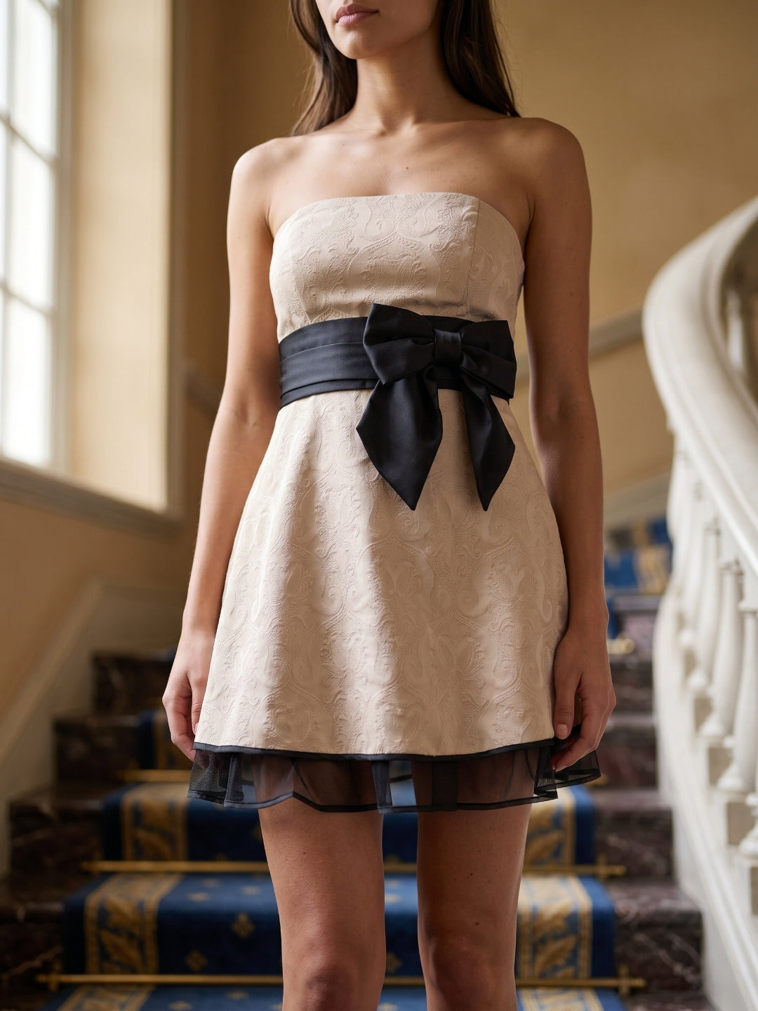 Ivory Jacquard A-Line Straight Neck Back Zip Short Prom Dress with Bow