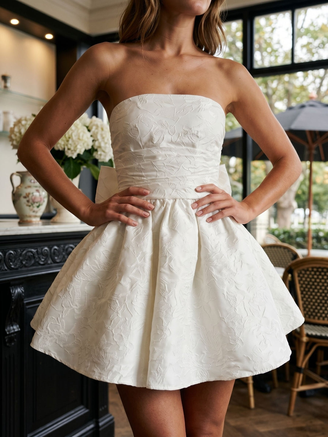 Ivory Jacquard A-Line Straight Neck Lace-Up Back Short Party Dress with Bow