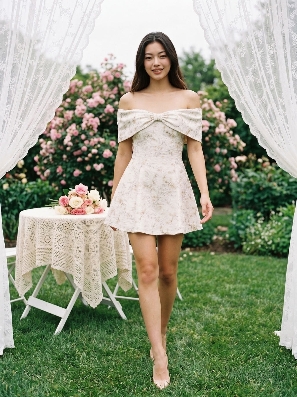 Ivory Jacquard A-Line Sweetheart Back Zip Short Dress with Pleating
