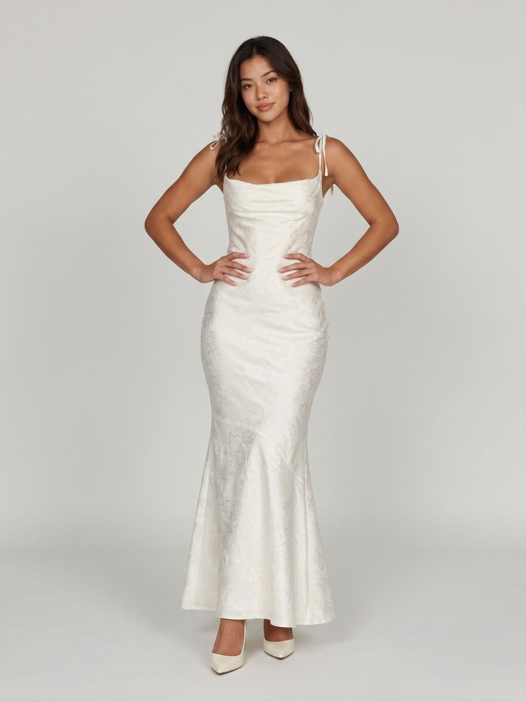 Ivory Jacquard Sheath Square Neck Corset Back Ankle-Length Formal Dress with Pleating