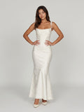 Ivory Jacquard Sheath Square Neck Corset Back Ankle-Length Formal Dress with Pleating