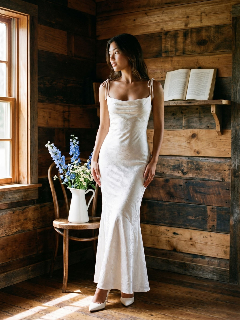 Ivory Jacquard Sheath Square Neck Corset Back Ankle-Length Formal Dress with Pleating