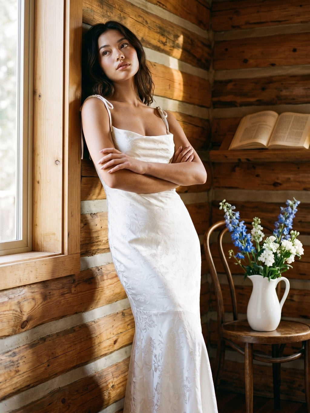 Ivory Jacquard Sheath Square Neck Corset Back Ankle-Length Formal Dress with Pleating