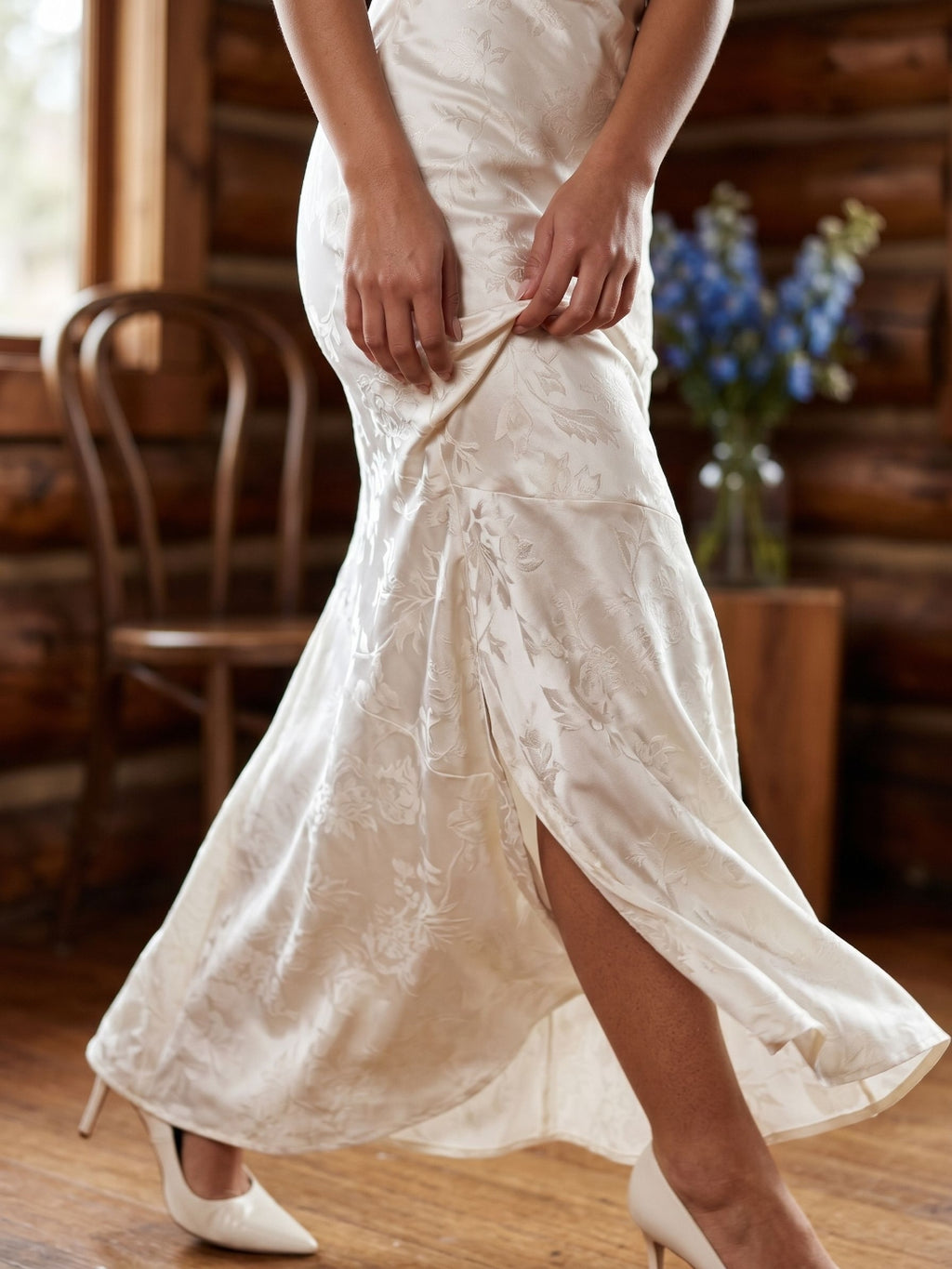 Ivory Jacquard Sheath Square Neck Corset Back Ankle-Length Formal Dress with Pleating