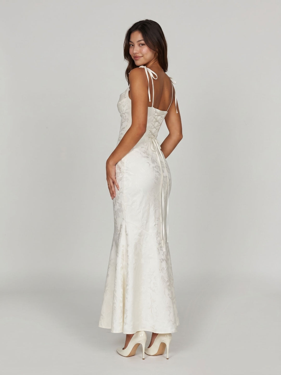 Ivory Jacquard Sheath Square Neck Corset Back Ankle-Length Formal Dress with Pleating