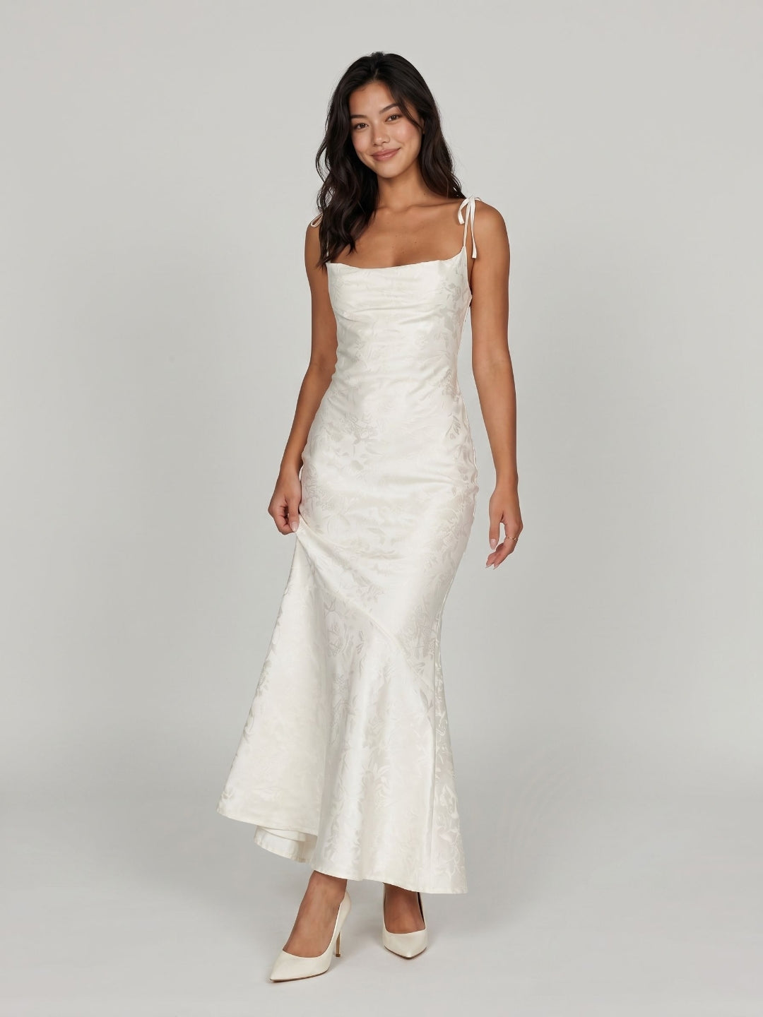Ivory Jacquard Sheath Square Neck Corset Back Ankle-Length Formal Dress with Pleating