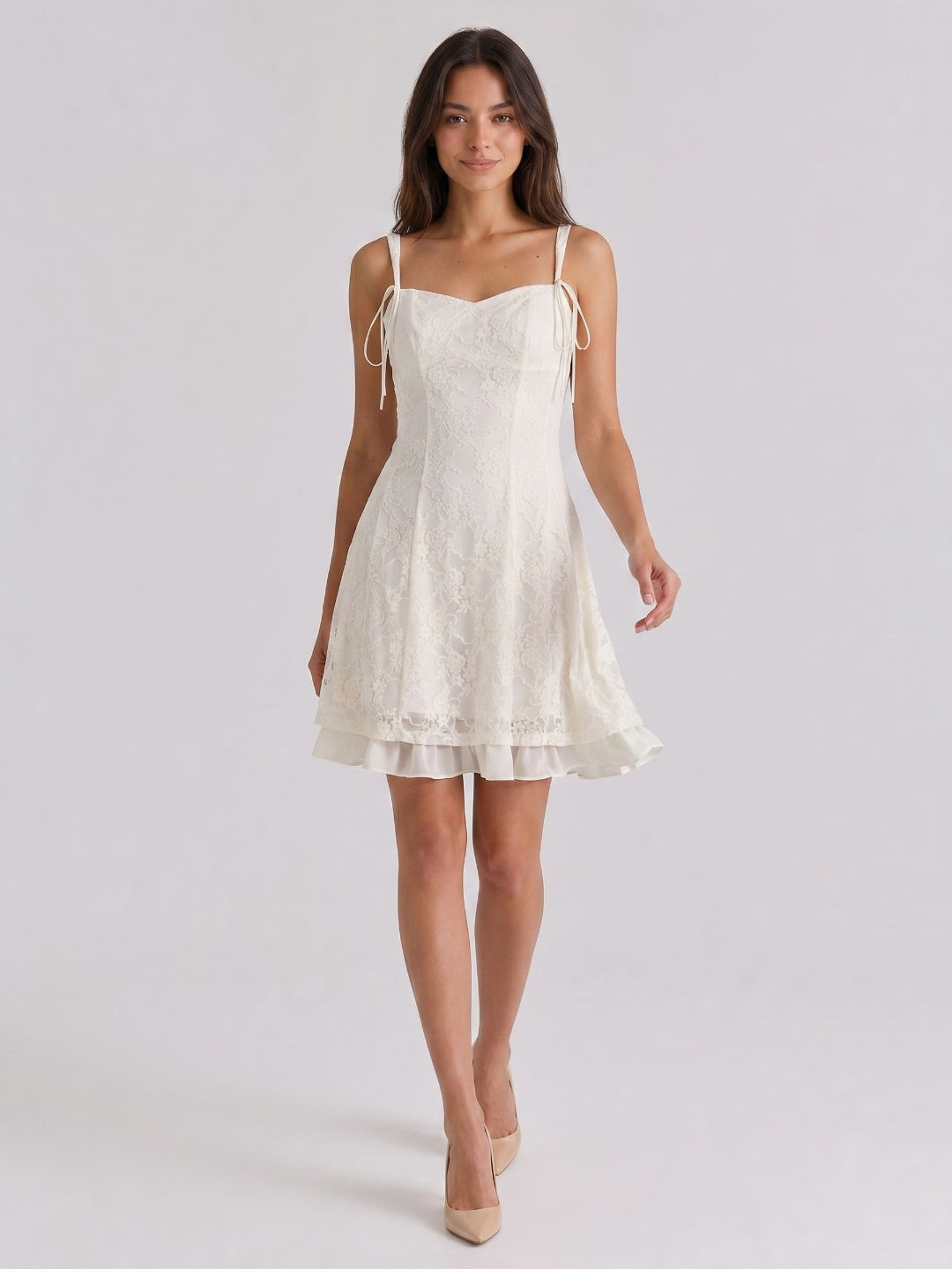 Ivory Lace A-Line Sweetheart Side Zip Short Dress with Bow