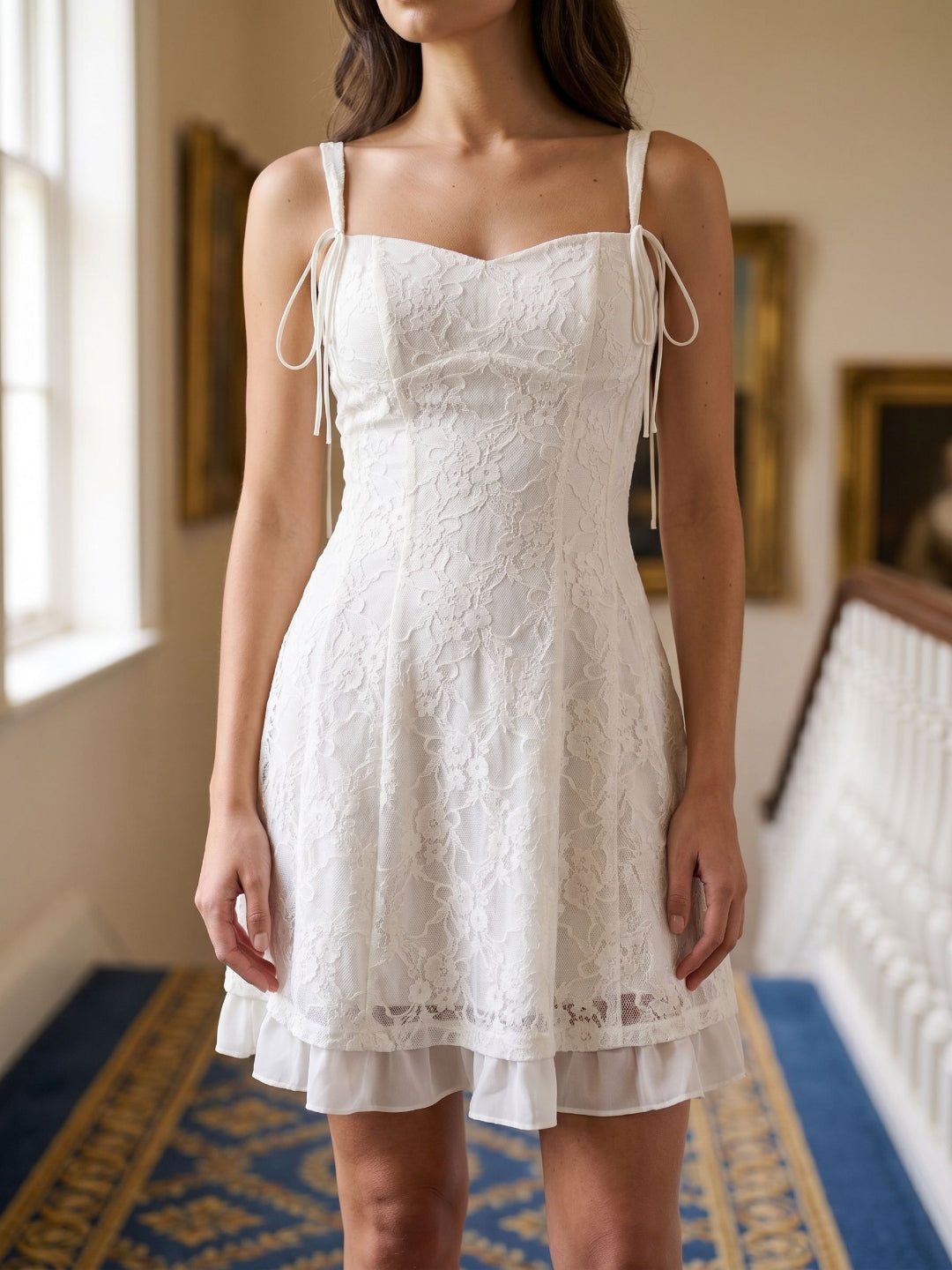 Ivory Lace A-Line Sweetheart Side Zip Short Dress with Bow