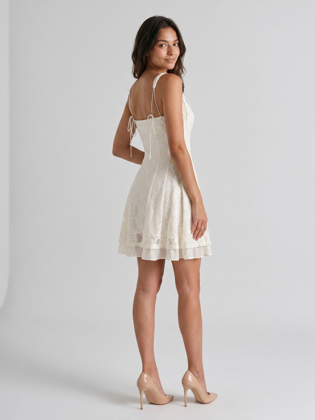 Ivory Lace A-Line Sweetheart Side Zip Short Dress with Bow