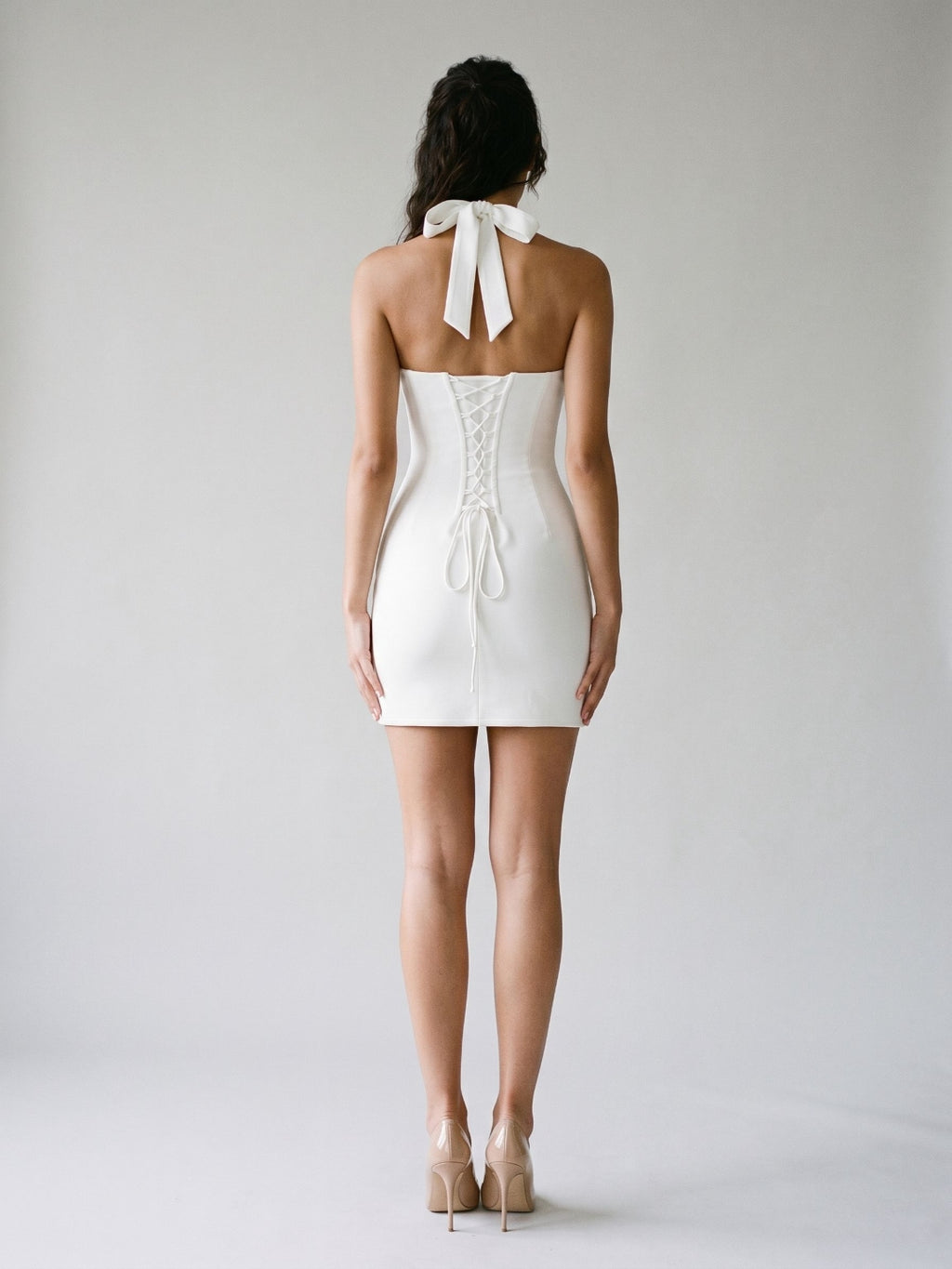 Ivory Matte Satin Sheath Halter Neckline Lace-Up Back Short Dress