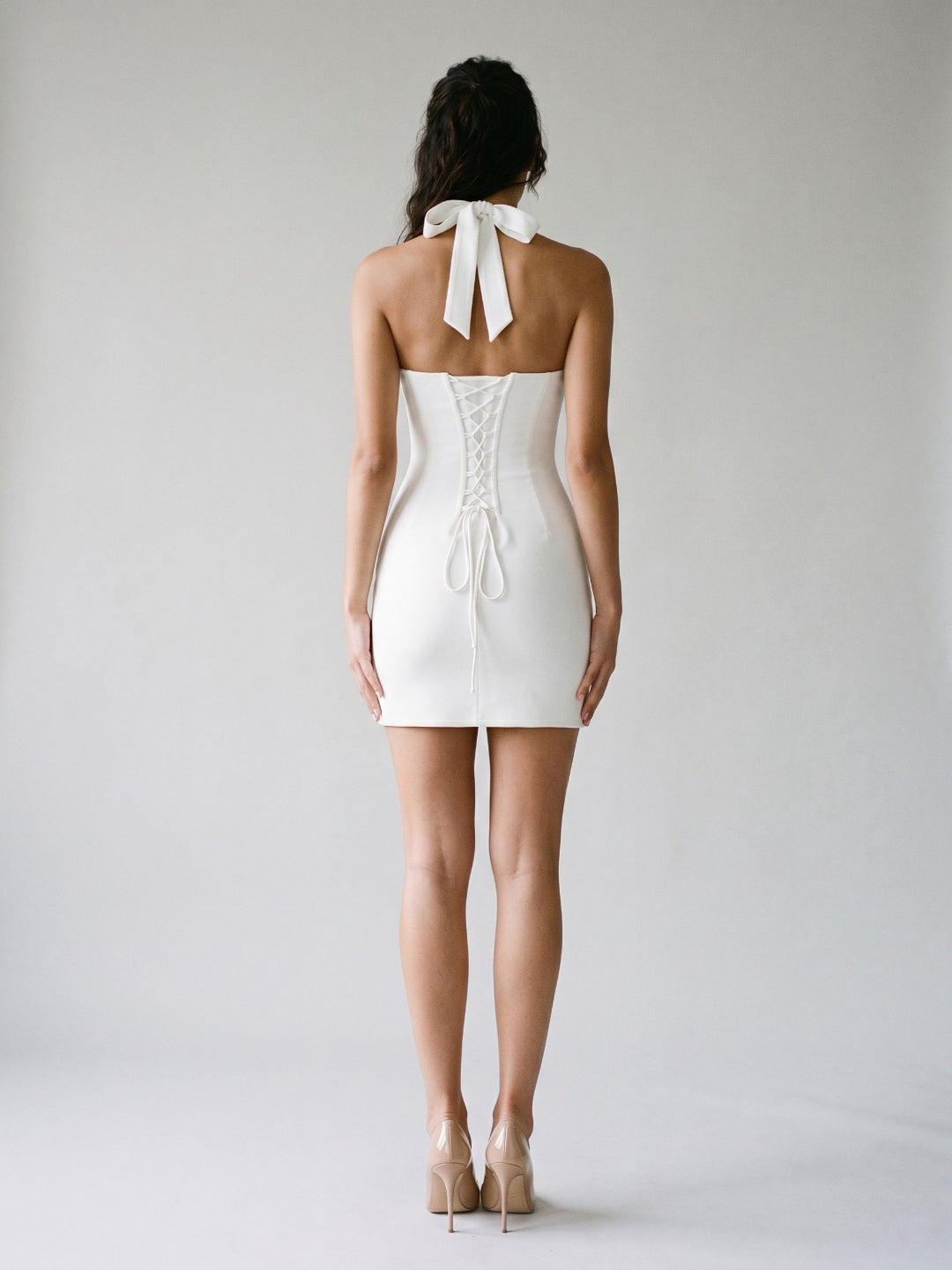 Ivory Matte Satin Sheath Halter Neckline Lace-Up Back Short Dress