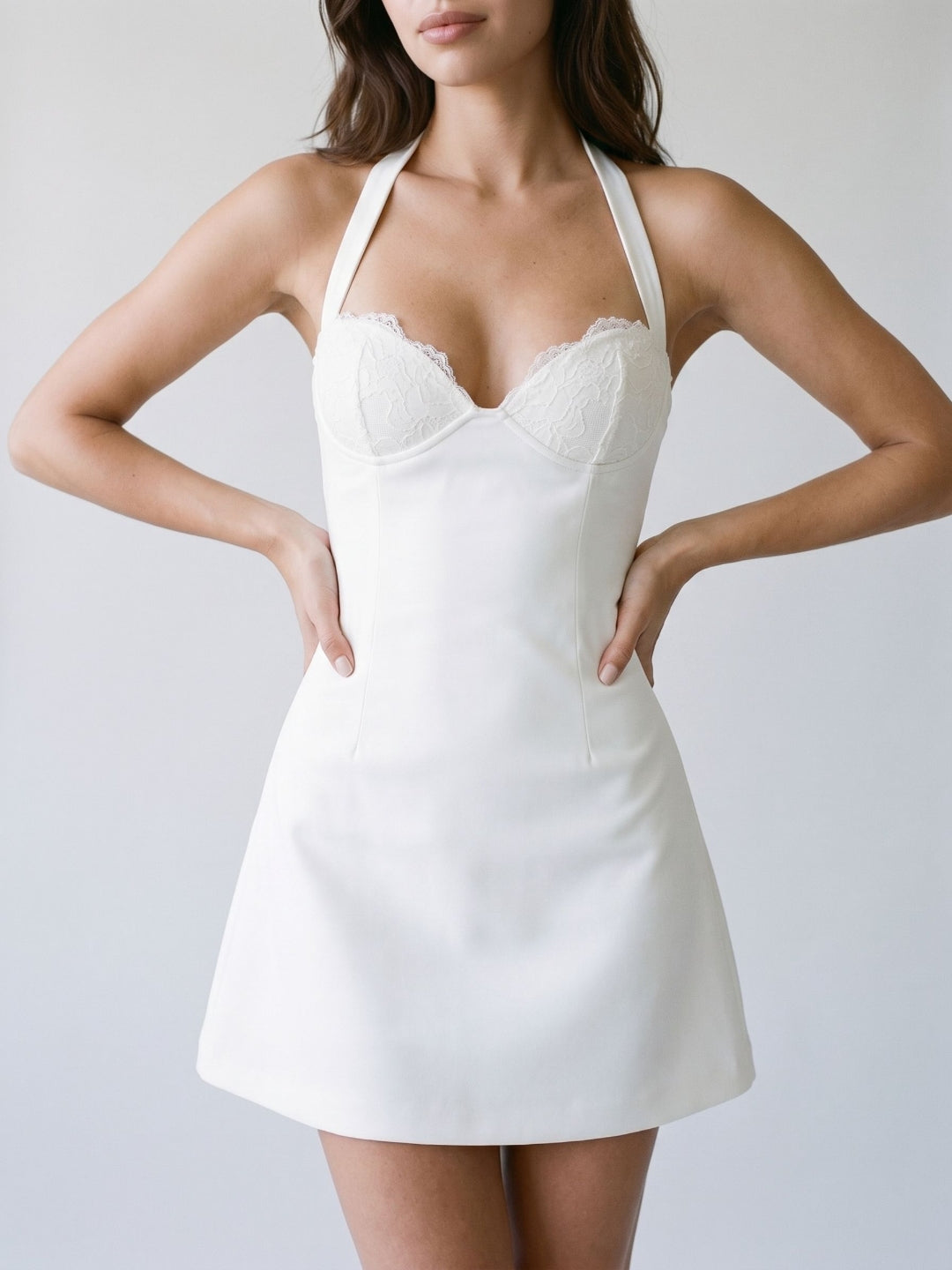 Ivory Matte Satin Sheath Halter Neckline Lace-Up Back Short Dress
