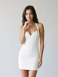 Ivory Matte Satin Sheath Halter Neckline Lace-Up Back Short Dress