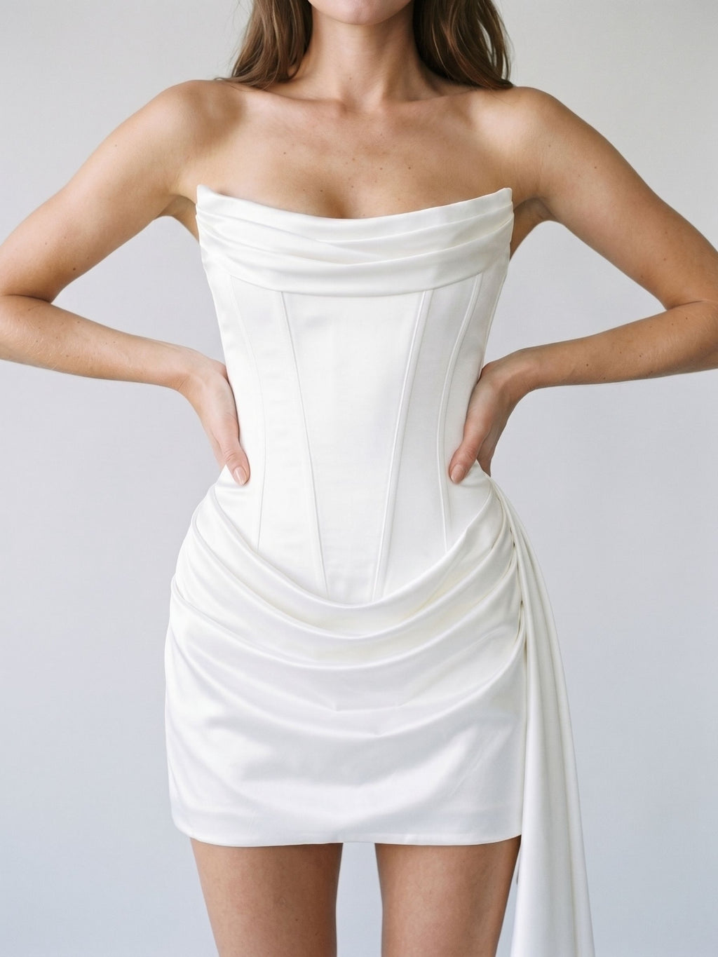 Ivory Matte Satin Sheath Scoop Neck Lace-Up Back Short Dress with Pleating