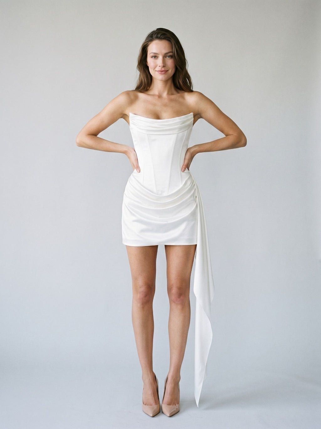 Ivory Matte Satin Sheath Scoop Neck Lace-Up Back Short Dress with Pleating