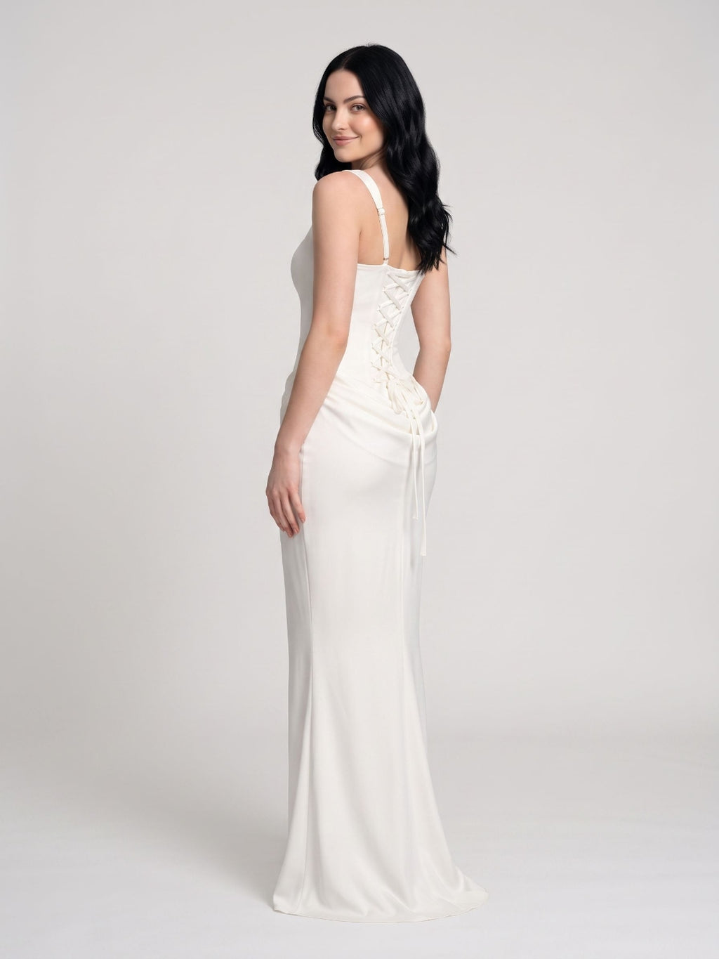Ivory Satin Mermaid Square Neck Lace-Up Back Floor Length Dress