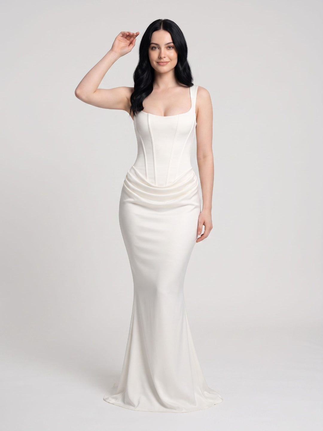 Ivory Satin Mermaid Square Neck Lace-Up Back Floor Length Dress