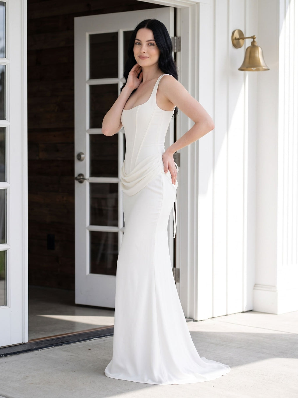 Ivory Satin Mermaid Square Neck Lace-Up Back Floor Length Dress