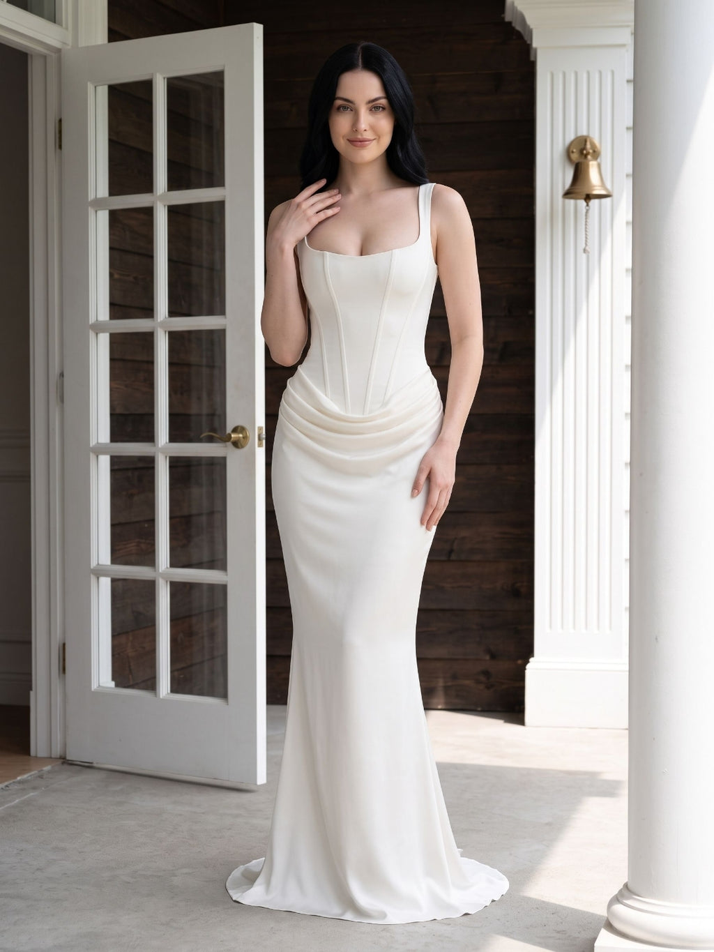 Ivory Satin Mermaid Square Neck Lace-Up Back Floor Length Dress