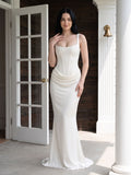 Ivory Satin Mermaid Square Neck Lace-Up Back Floor Length Dress