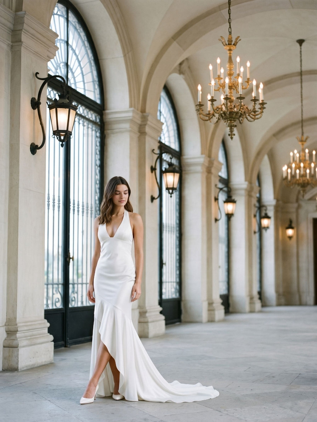 Ivory Matte Satin Sheath V-Neck Corset Back Floor-Length Formal Dress with Pleating