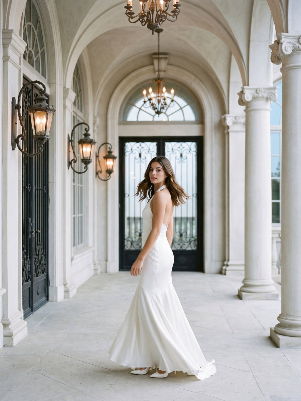 Ivory Matte Satin Sheath V-Neck Corset Back Floor-Length Formal Dress with Pleating